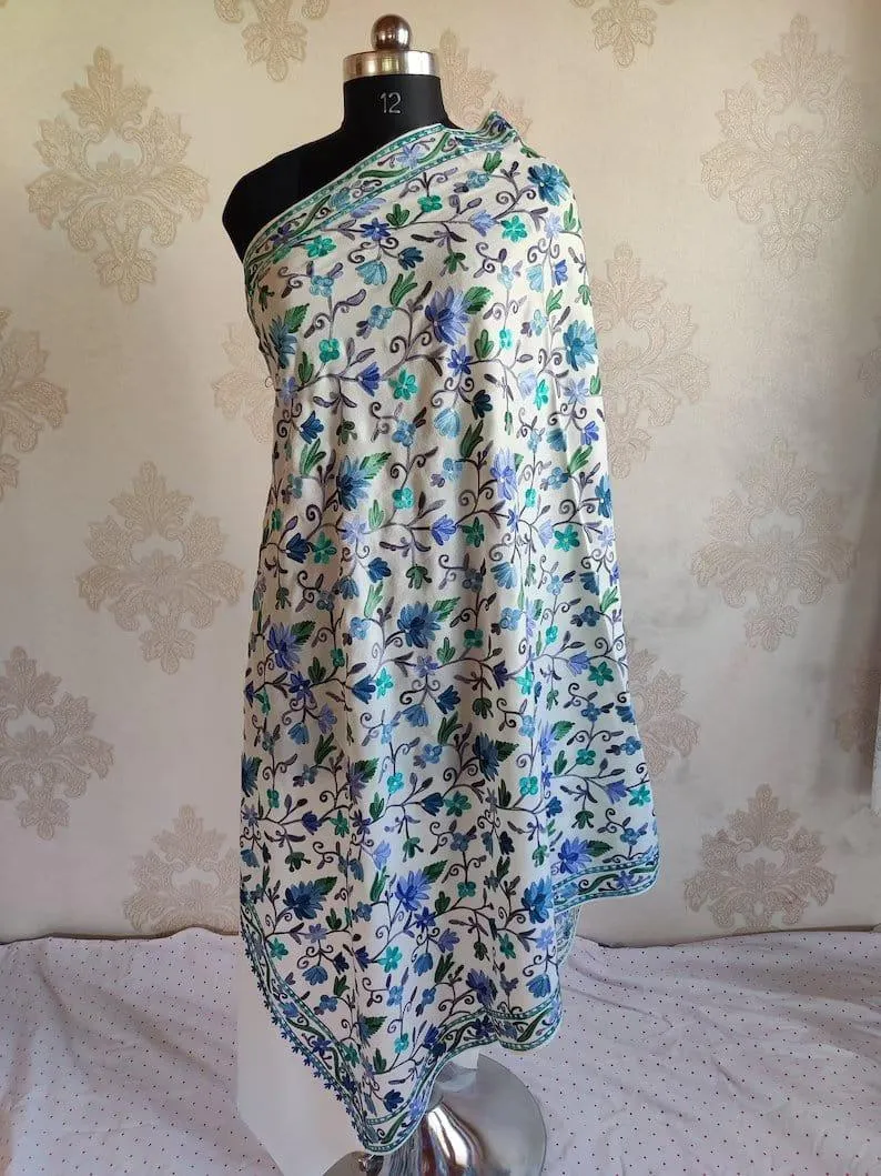 White Aari-Embroidered Floral Shawl: Kashmiri Elegance in Fine Merino Wool