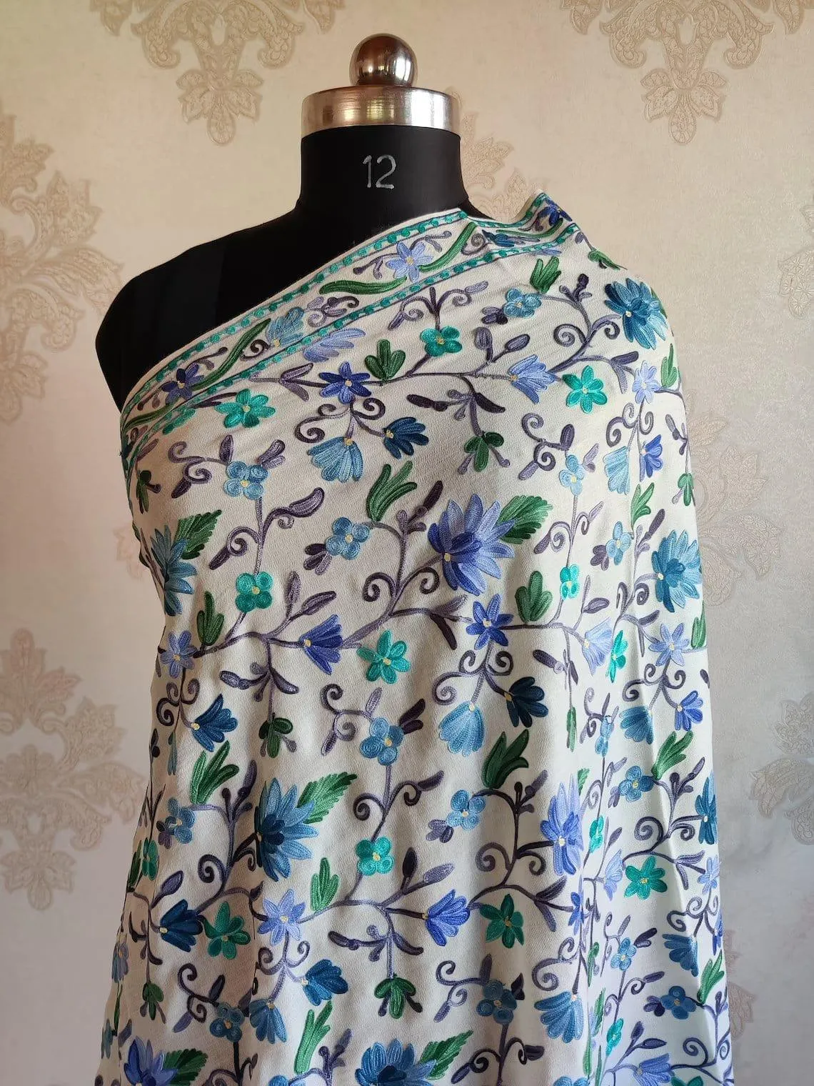 White Aari-Embroidered Floral Shawl: Kashmiri Elegance in Fine Merino Wool