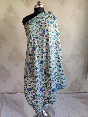 White Aari-Embroidered Floral Shawl: Kashmiri Elegance in Fine Merino Wool