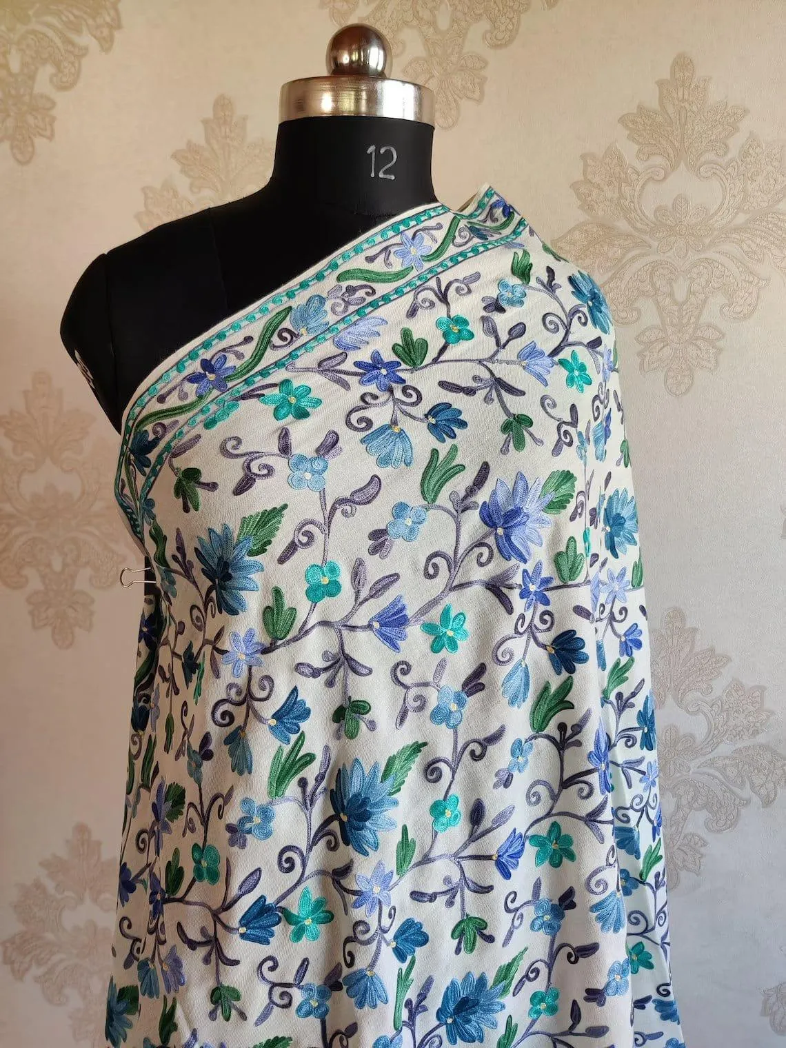 White Aari-Embroidered Floral Shawl: Kashmiri Elegance in Fine Merino Wool