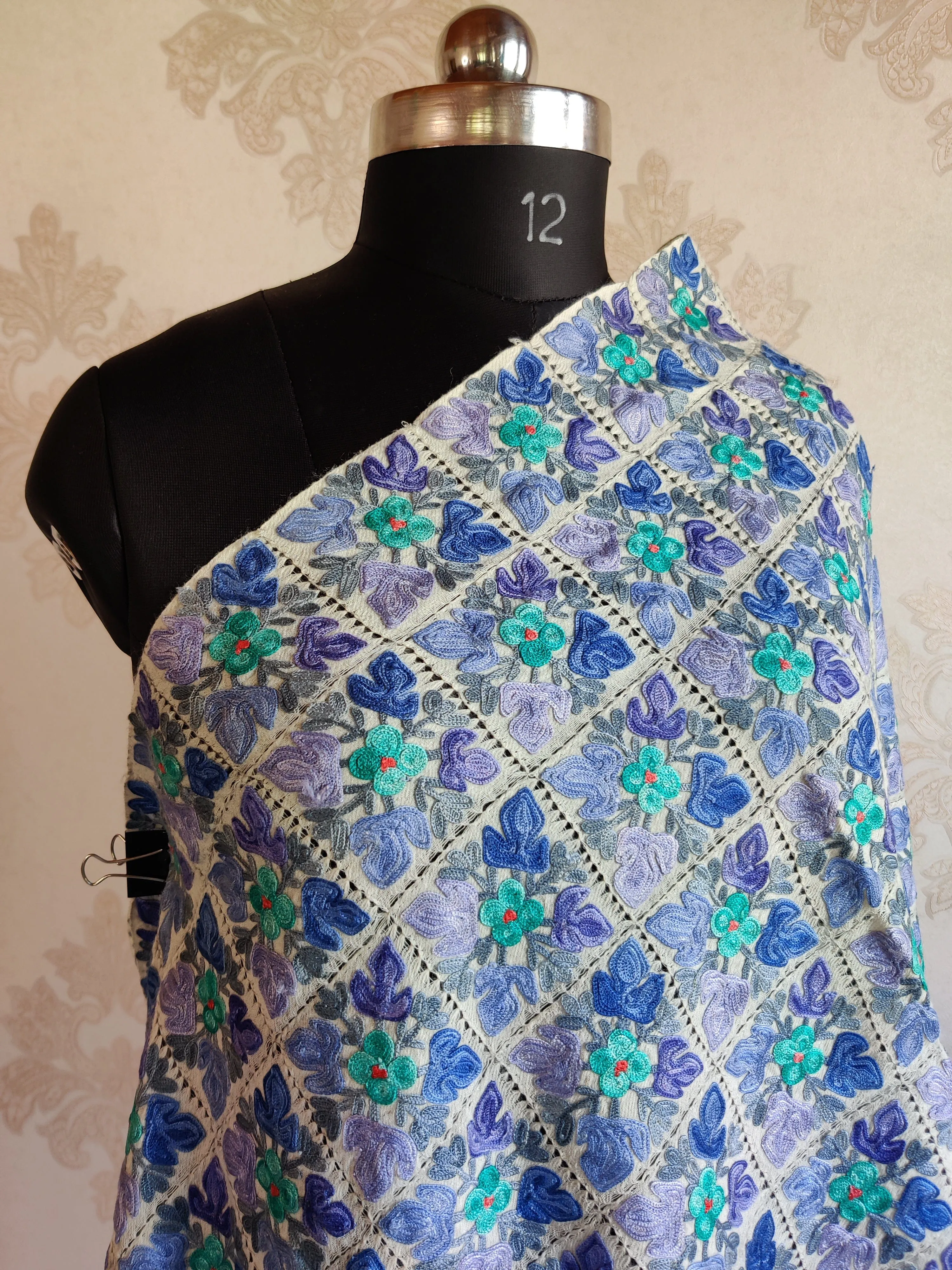 White Merino Wool Scarf with Aari Cut Work Embroidery