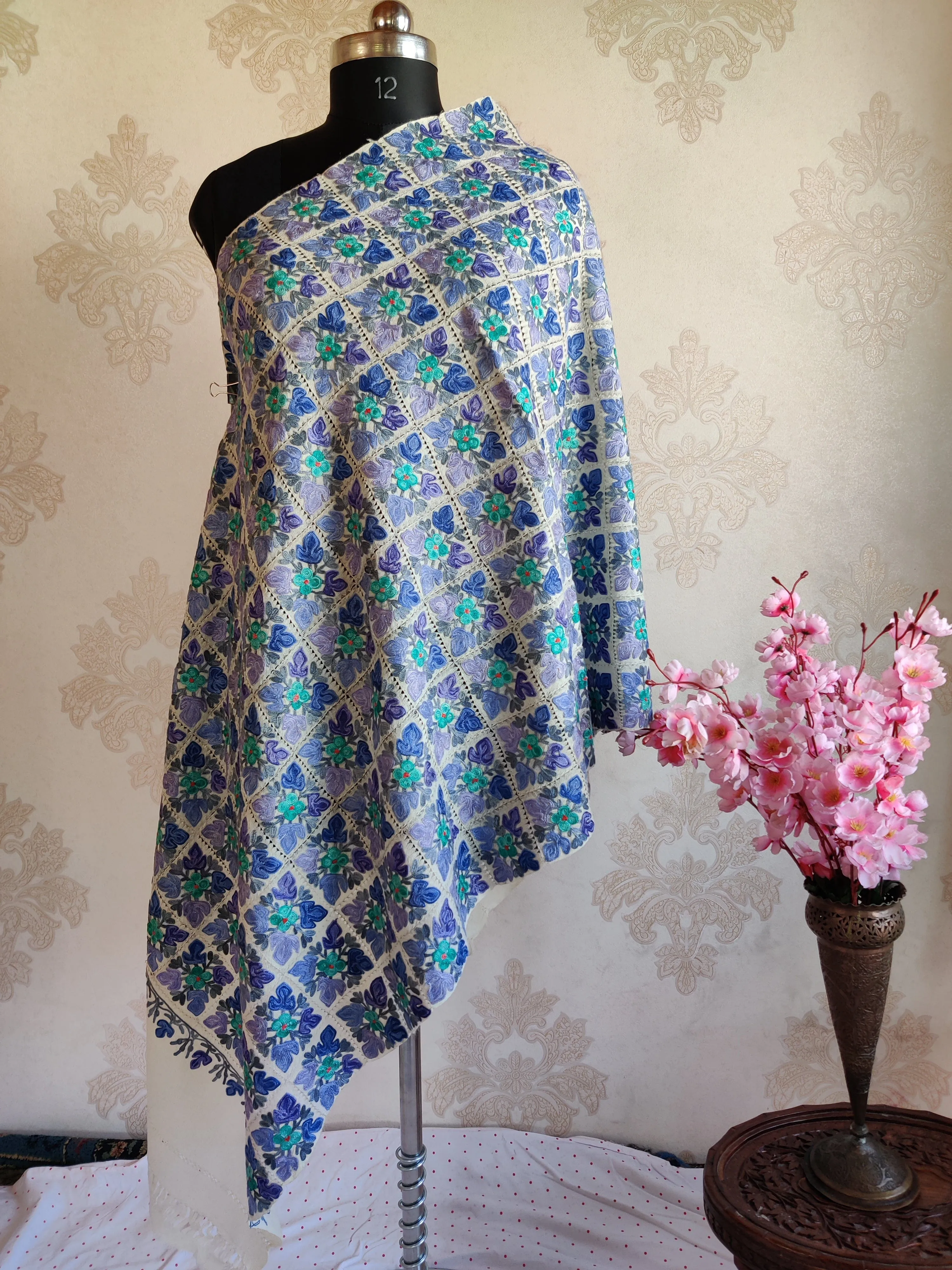 White Merino Wool Scarf with Aari Cut Work Embroidery
