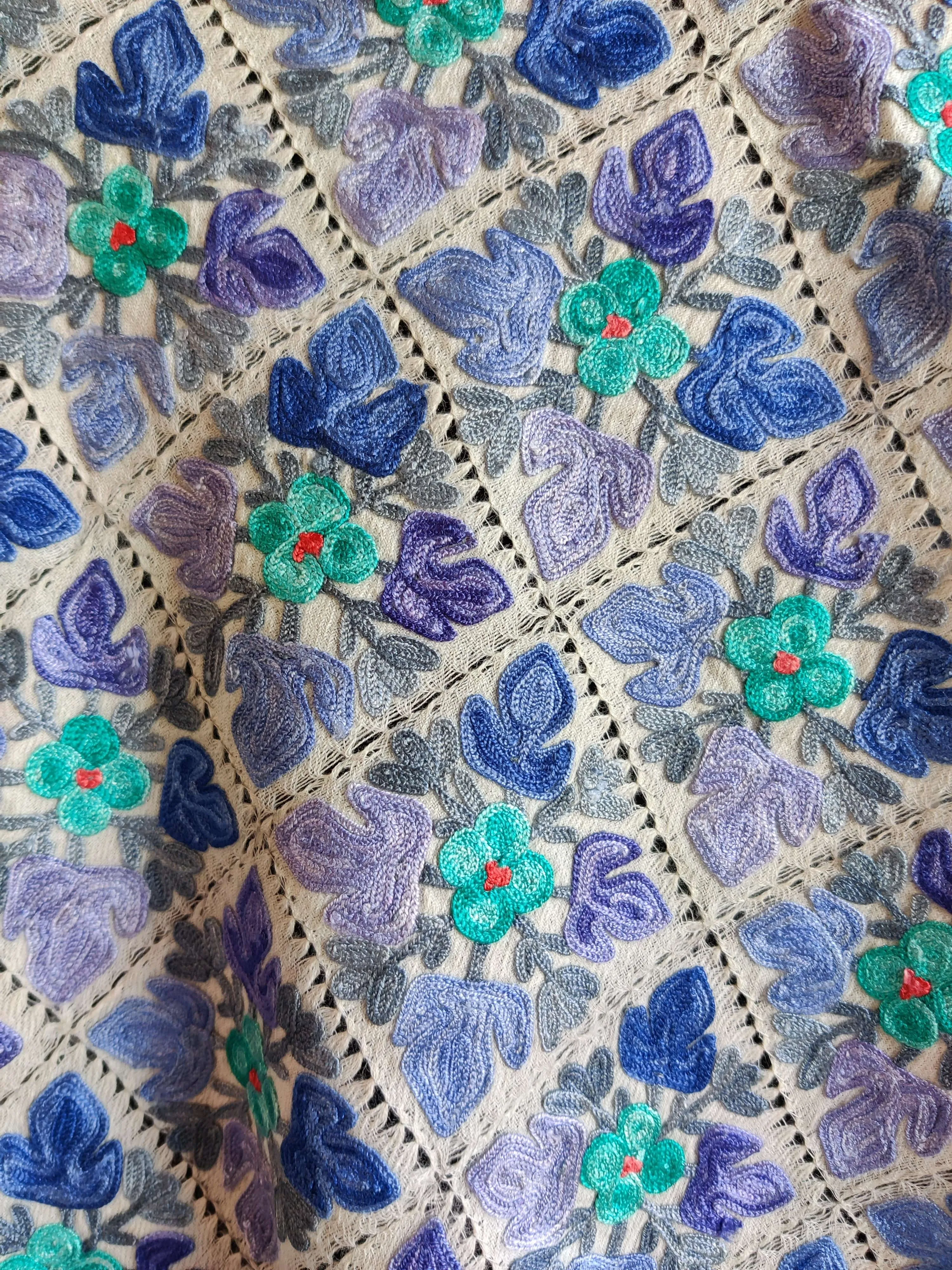 White Merino Wool Scarf with Aari Cut Work Embroidery