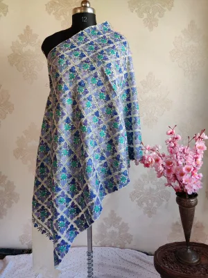 White Merino Wool Scarf with Aari Cut Work Embroidery