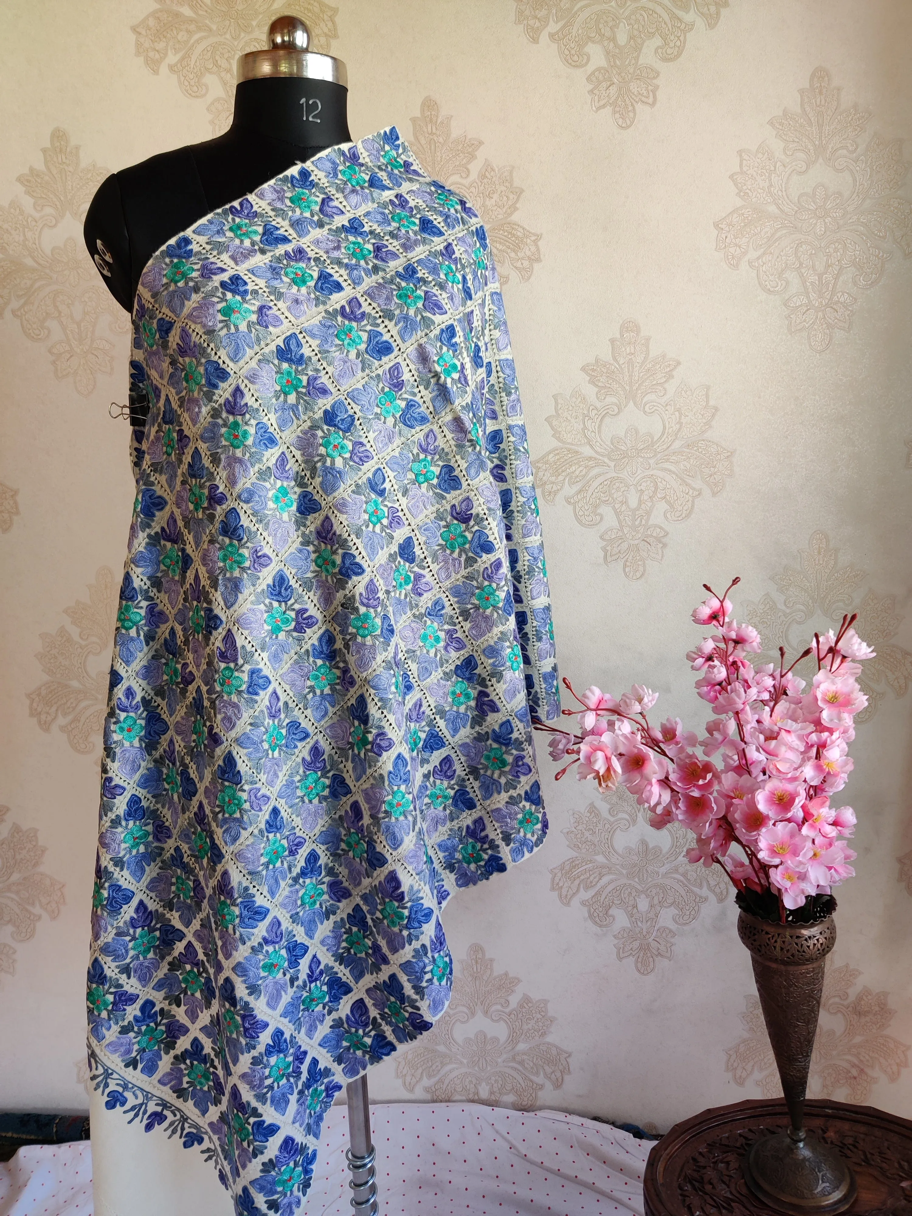 White Merino Wool Scarf with Aari Cut Work Embroidery