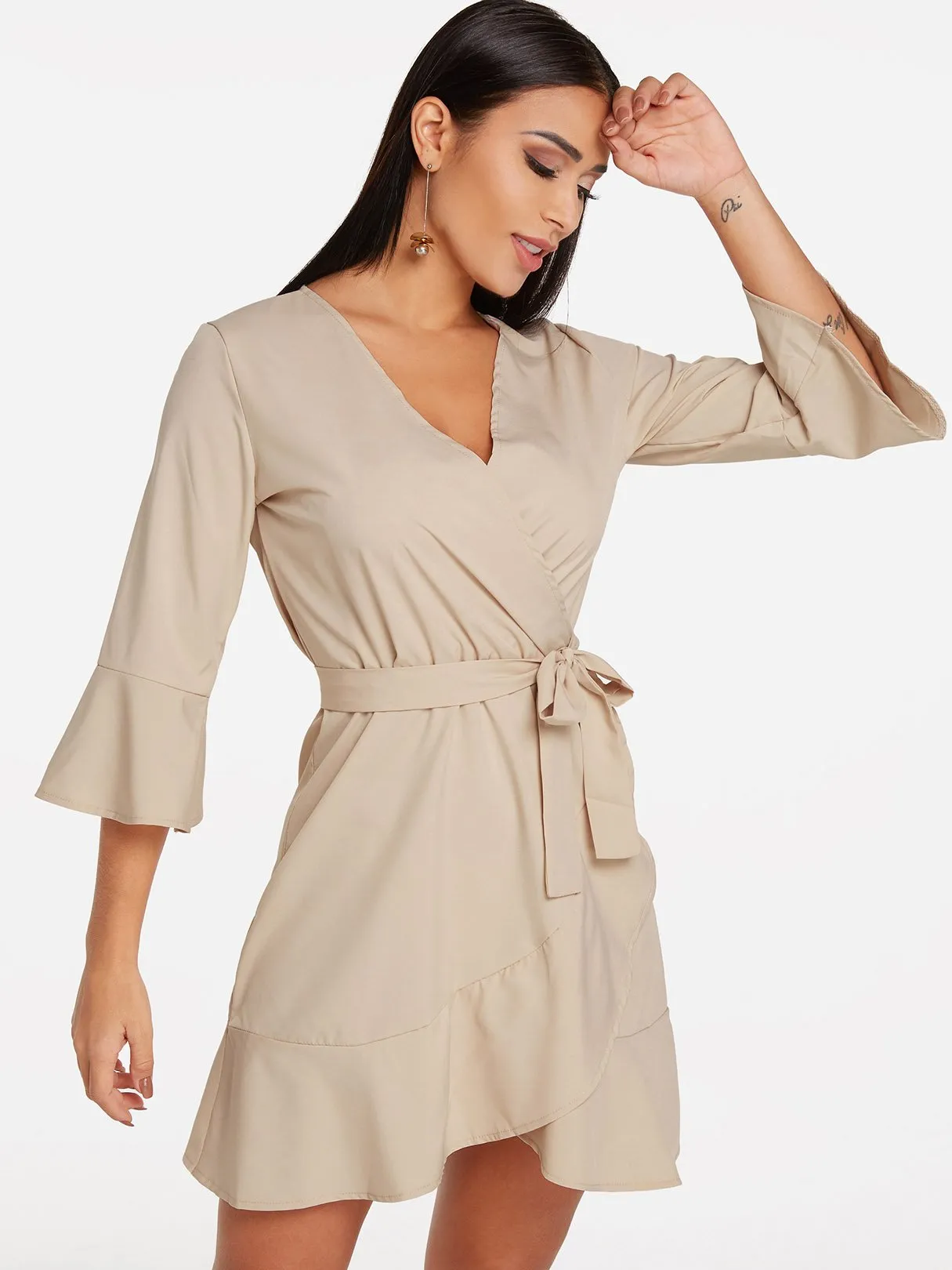 Wholesale Apricot Deep V Neck 3/4 Sleeve Length Plain Crossed Front Self-Tie Flounced Hem Dresses