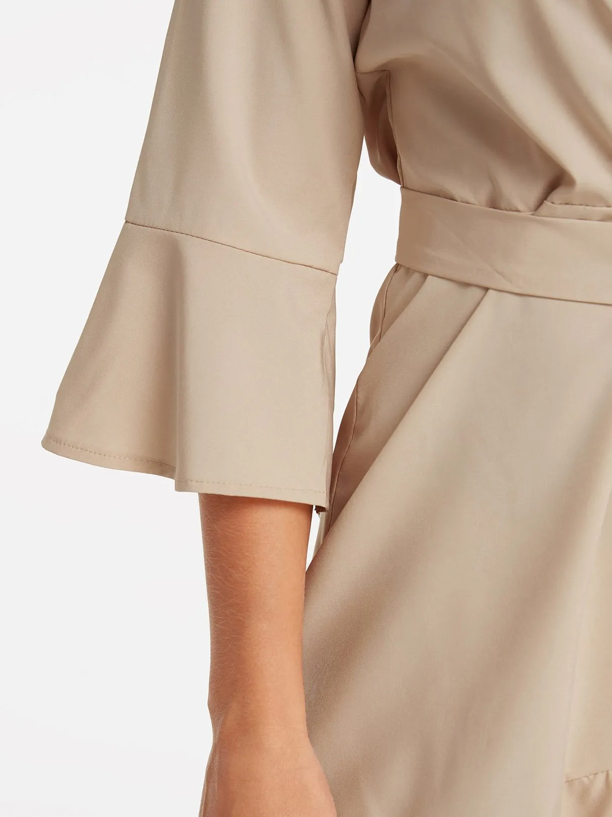 Wholesale Apricot Deep V Neck 3/4 Sleeve Length Plain Crossed Front Self-Tie Flounced Hem Dresses