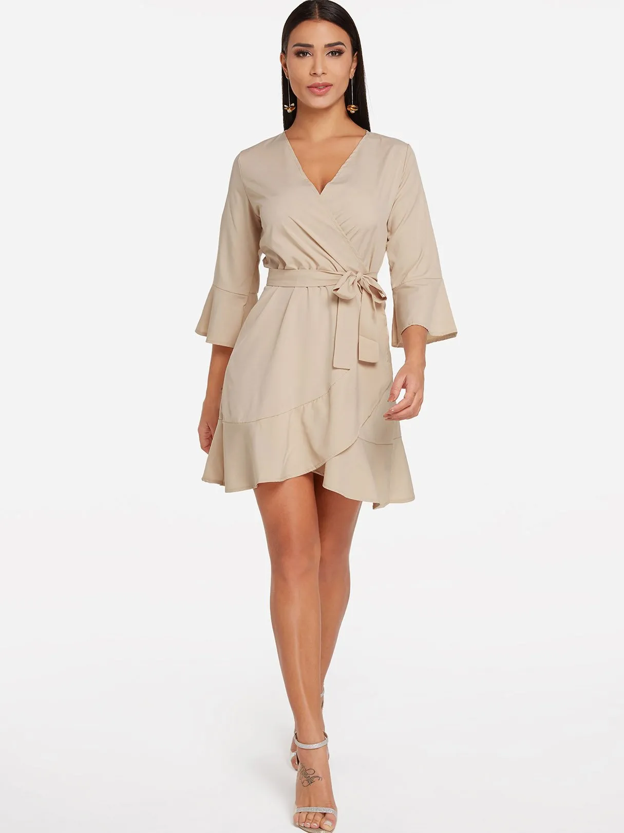 Wholesale Apricot Deep V Neck 3/4 Sleeve Length Plain Crossed Front Self-Tie Flounced Hem Dresses