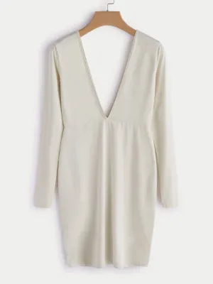 Wholesale Beige Deep V Neck Long Sleeve Plain Backless Dresses