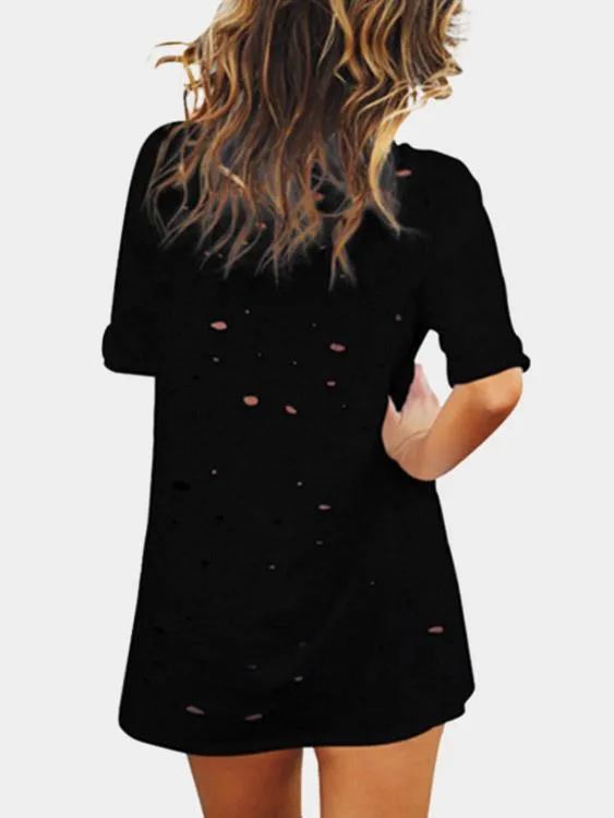 Wholesale Black V-Neck Short Sleeve Hollow Lace-Up Dresses