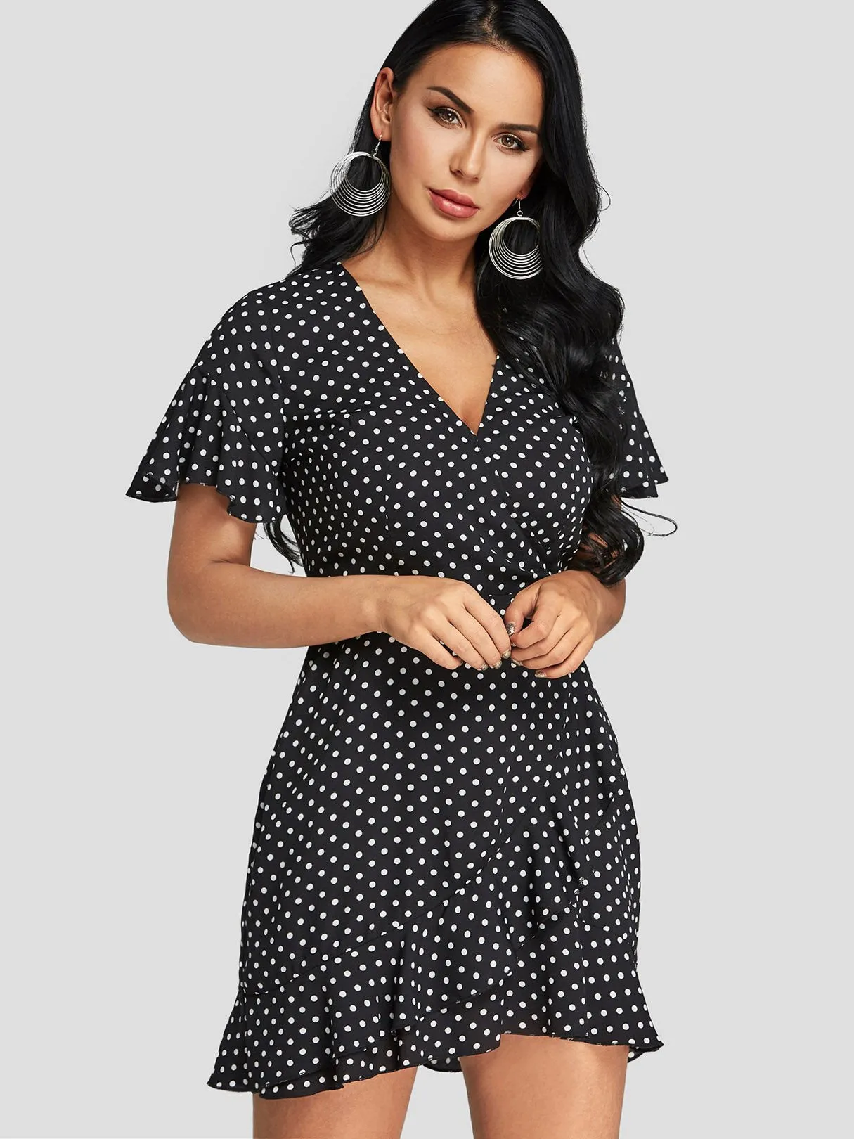Wholesale Black V-Neck Short Sleeve Polka Dot Dresses