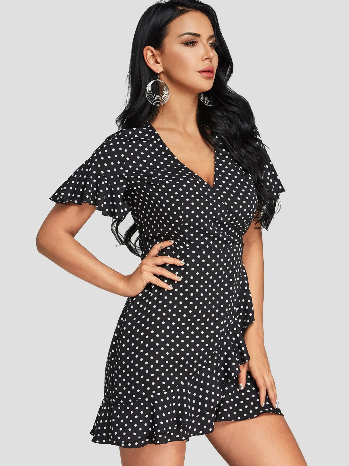 Wholesale Black V-Neck Short Sleeve Polka Dot Dresses