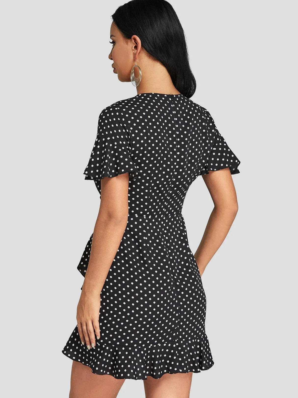 Wholesale Black V-Neck Short Sleeve Polka Dot Dresses