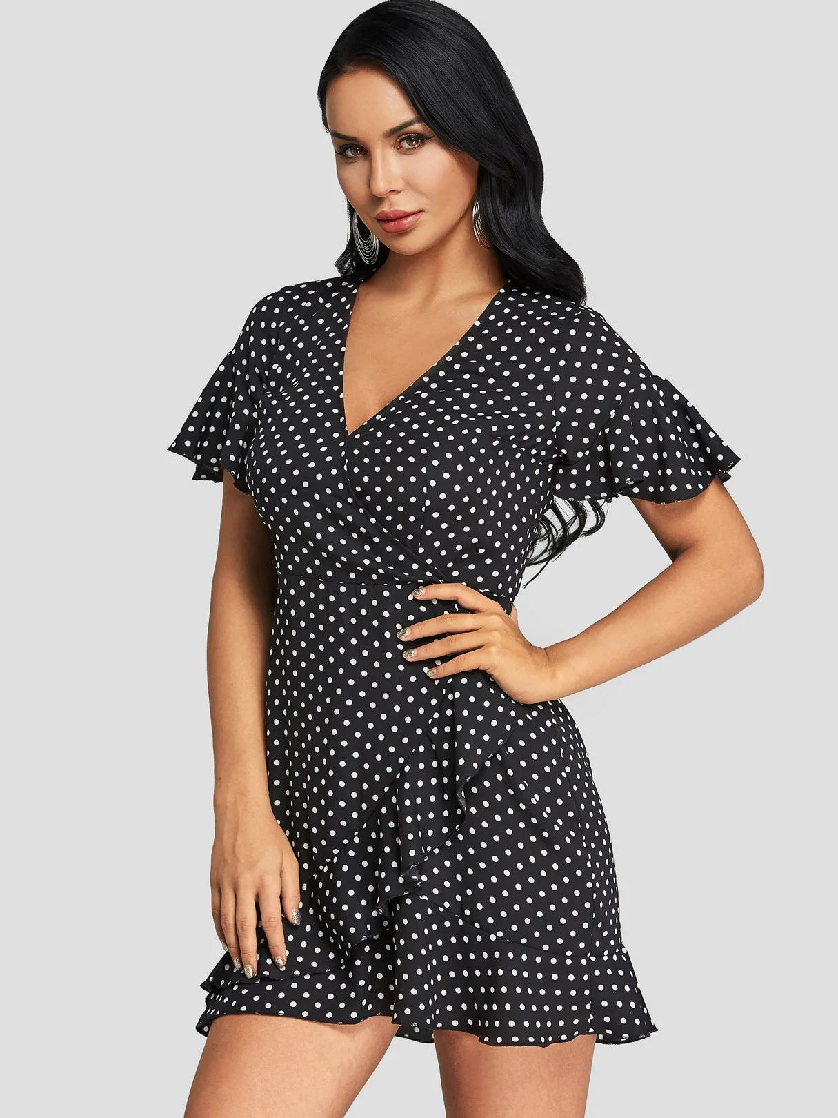 Wholesale Black V-Neck Short Sleeve Polka Dot Dresses