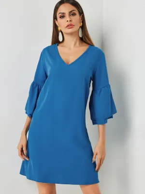 Wholesale Blue V-Neck Half Sleeve Dresses