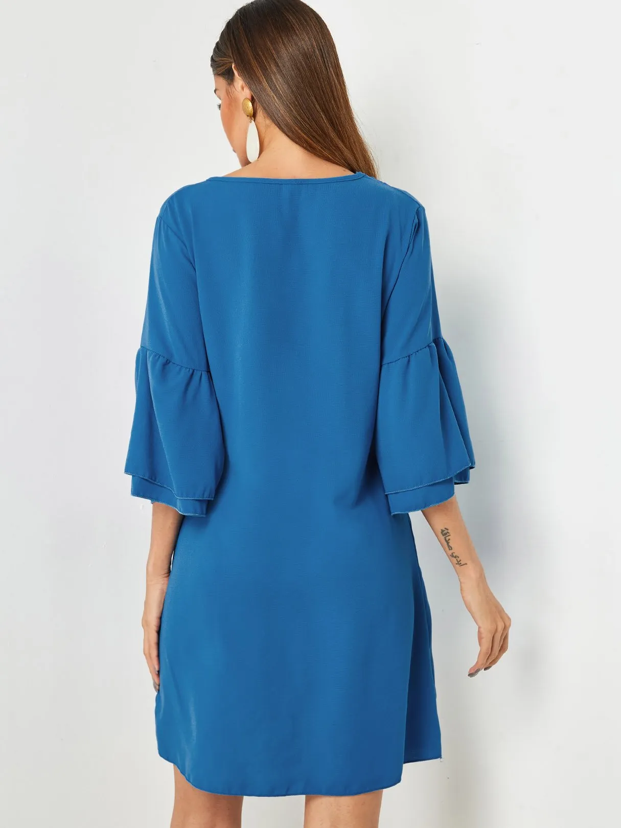 Wholesale Blue V-Neck Half Sleeve Dresses
