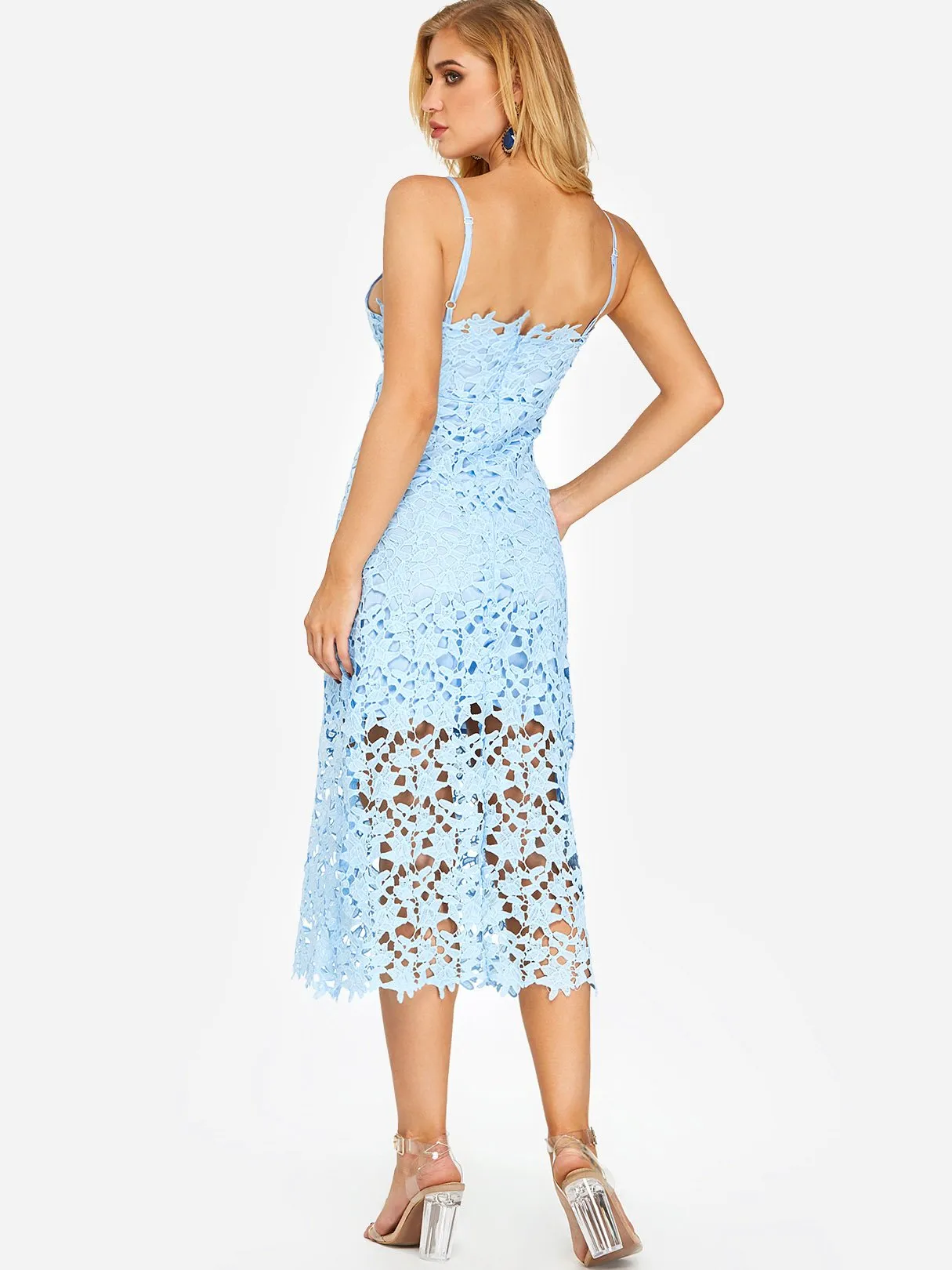 Wholesale Blue V-Neck Sleeveless Lace Zip Back Backless Dresses