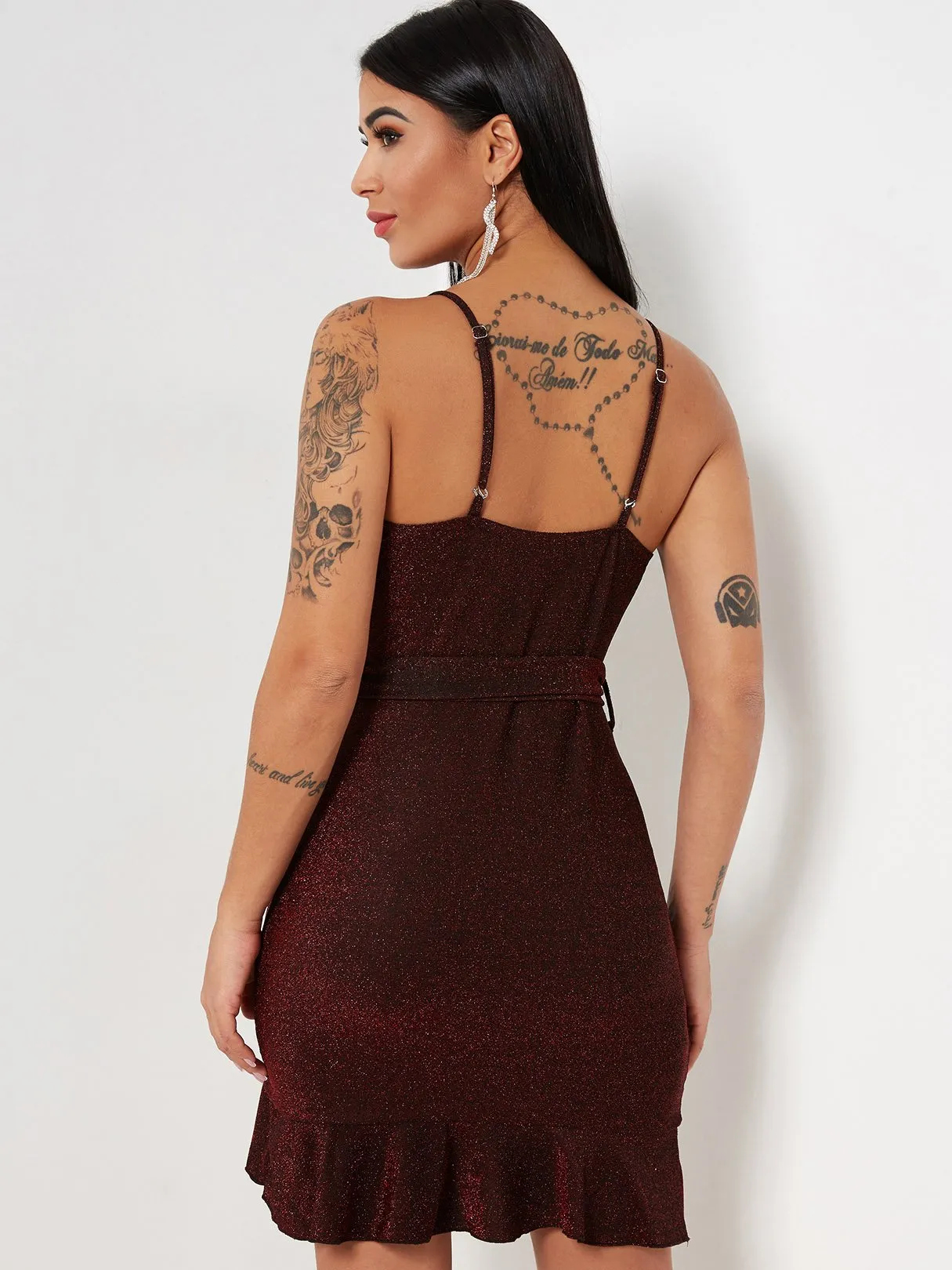 Wholesale Burgundy Deep V Neck Sleeveless Plain Sequins Embellished Self-Tie Flounced Hem Dresses