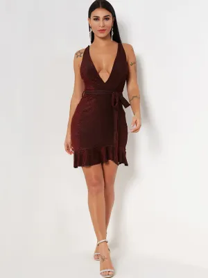 Wholesale Burgundy Deep V Neck Sleeveless Plain Sequins Embellished Self-Tie Flounced Hem Dresses